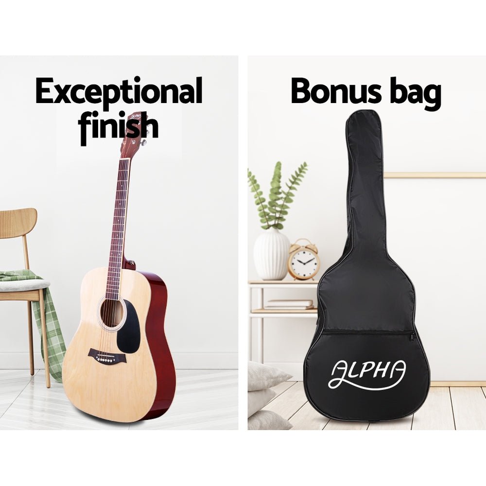 Acoustic Guitar Dreadnought | Alpha 41 Inch | Steel Strings | Natural. Exceptional finish, bonus bag.