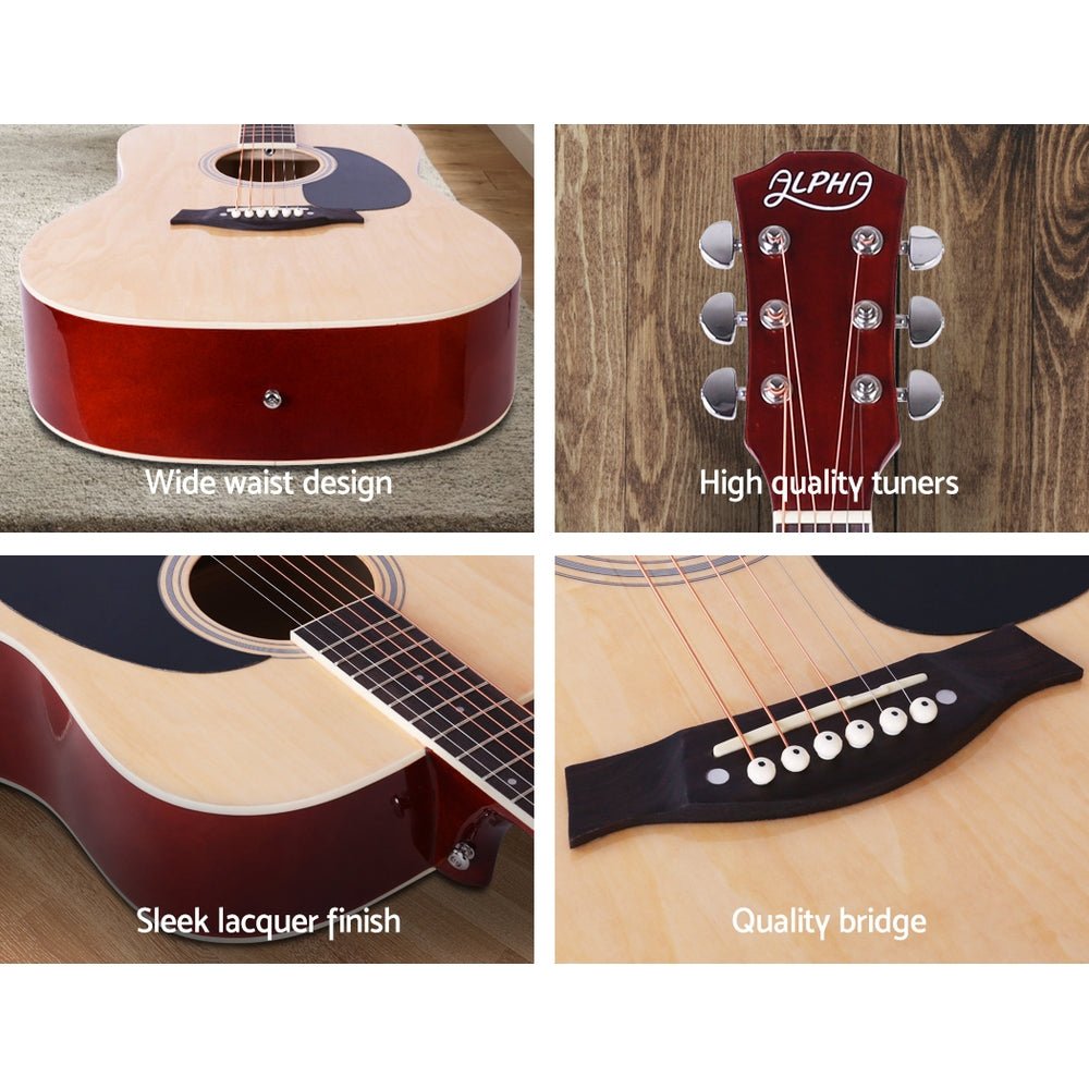 Acoustic Guitar Dreadnought | Alpha 41 Inch | Steel Strings | Natural. Quality tuners, sleek lacquer finish, quality bridge.