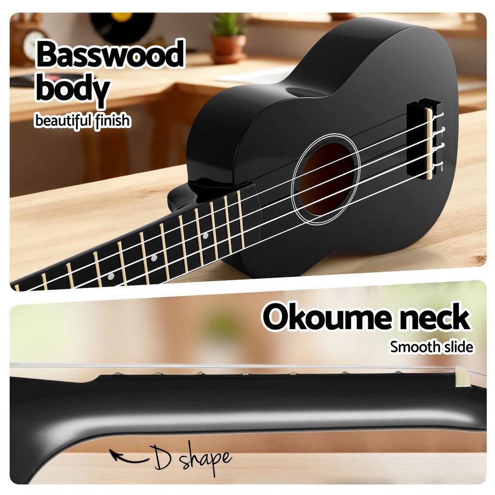 Ukulele | Alpha 21 Inch Basswood Beginner | Nylon Strings | Black -> Musical Instrument & Accessories > Guitars - Fosmore