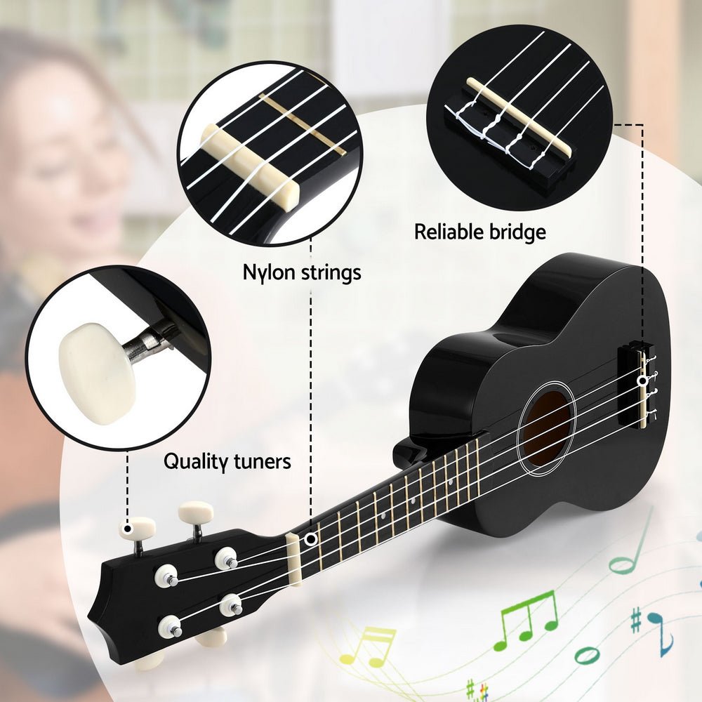 Ukulele | Alpha 21 Inch Basswood Beginner | Nylon Strings | Black -> Musical Instrument & Accessories > Guitars - Fosmore