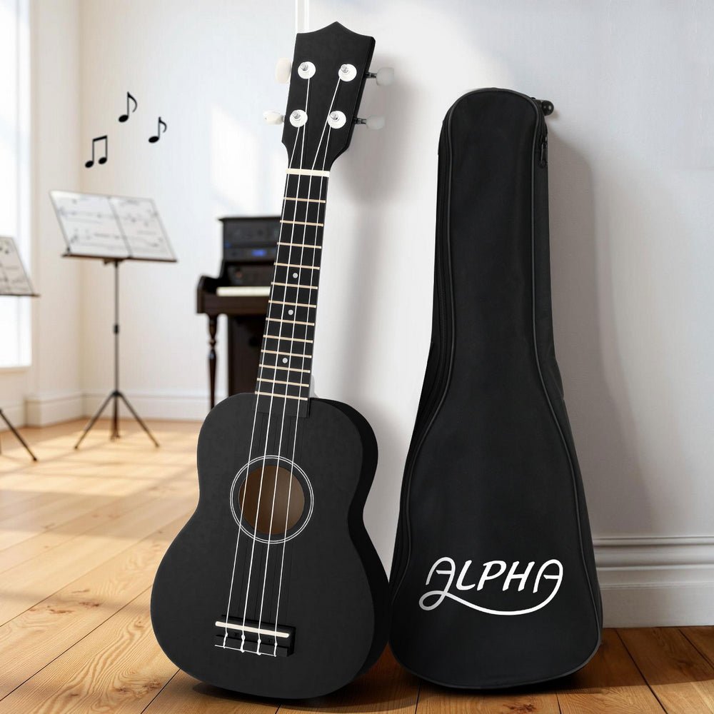 Ukulele | Alpha 21 Inch Basswood Beginner | Nylon Strings | Black - > Musical Instrument & Accessories > Guitars - Fosmore