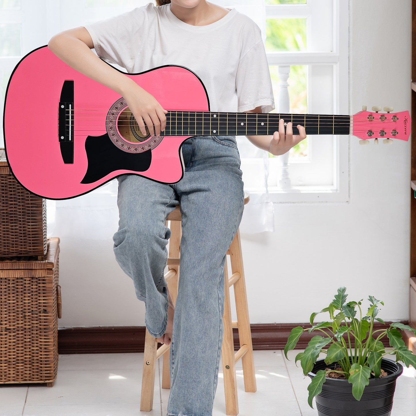 Karrera 38in Cutaway Acoustic Guitar with guitar bag - Pink - Audio & Video > Musical Instrument & Accessories > Guitars - Fosmore