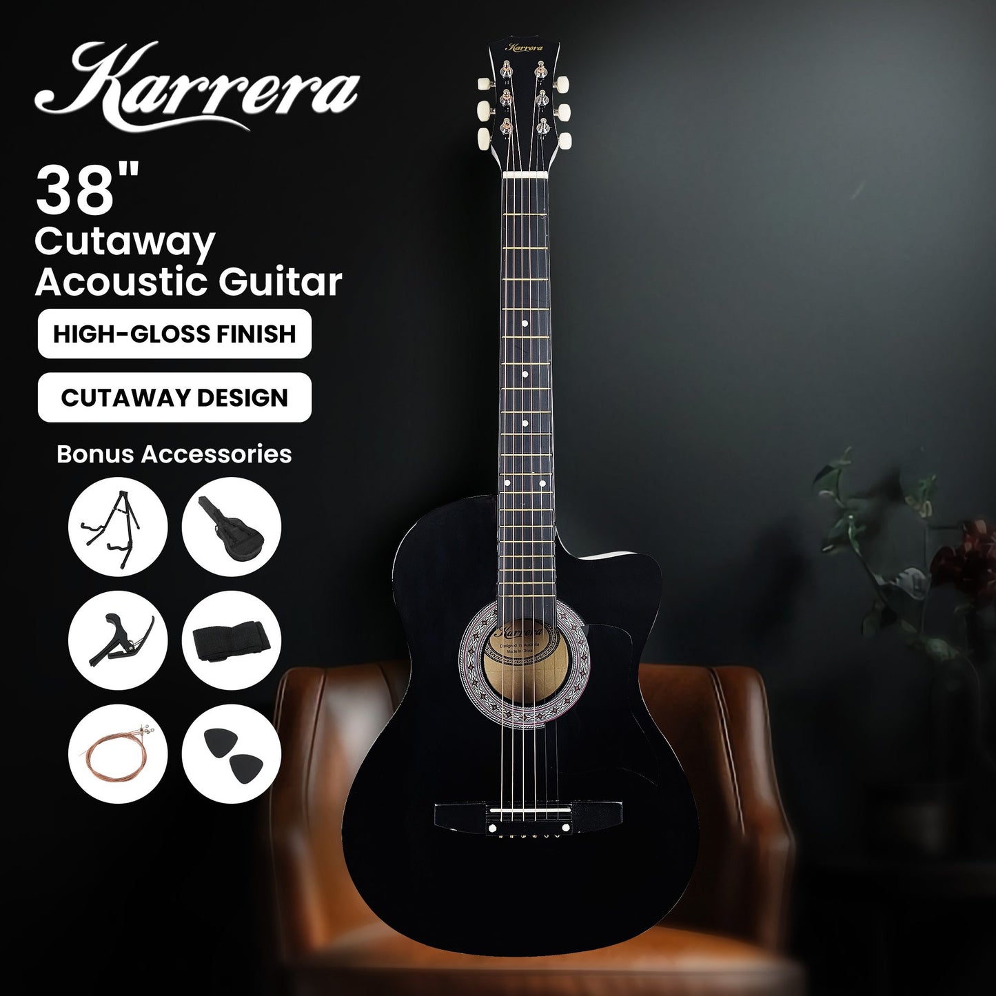 Acoustic Guitar | Karrera 38 Inch Pro Cutaway | Steel Strings | Black - Audio & Video > Musical Instrument & Accessories > Guitars - Fosmore