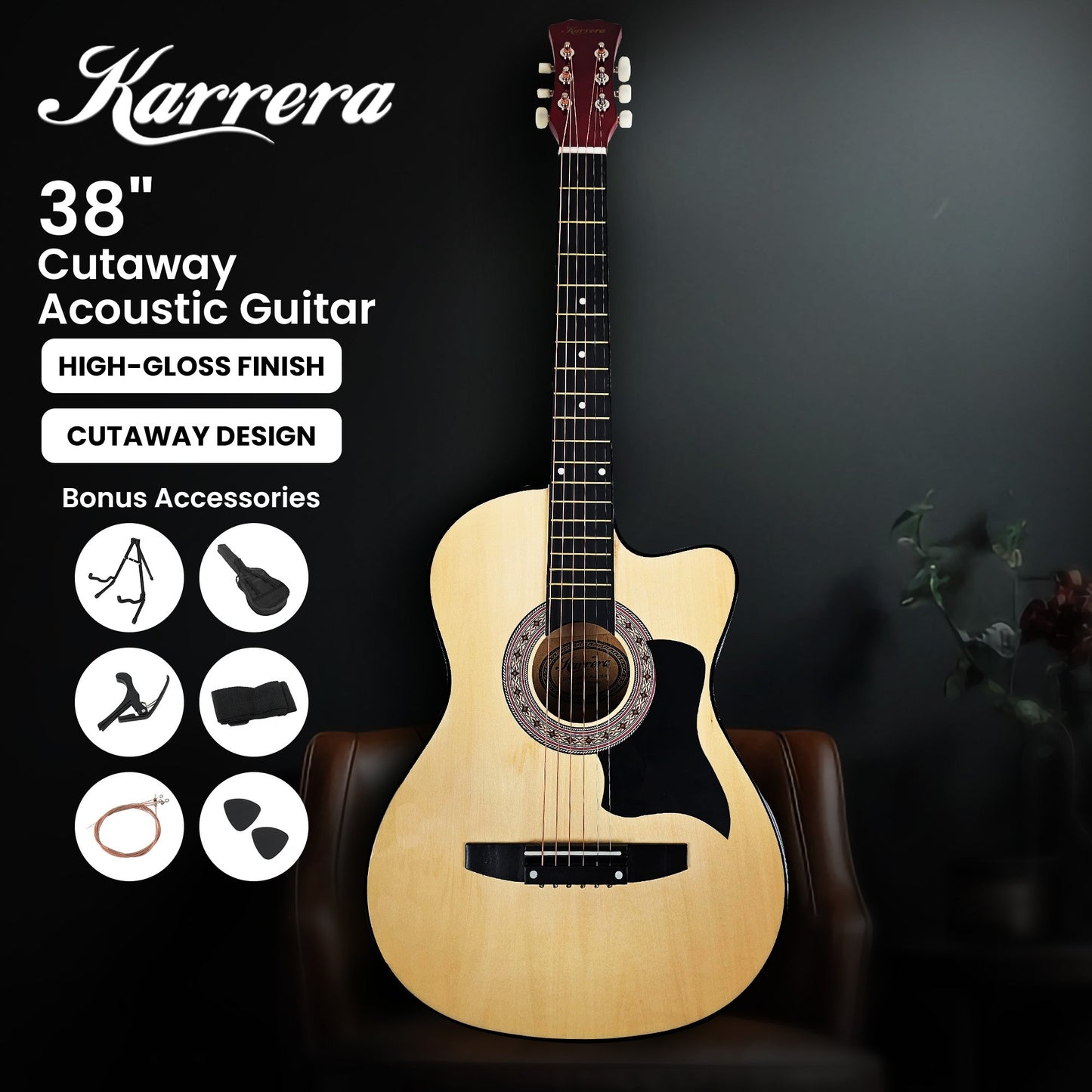 Acoustic Guitar | Karrera 38 Inch Cutaway | Steel Strings | Natural -> Musical Instrument & Accessories > Guitars - Fosmore