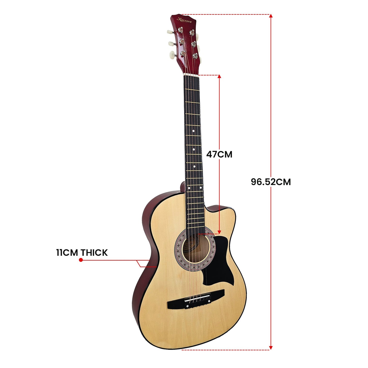 Acoustic Guitar | Karrera 38 Inch Cutaway | Steel Strings | Natural. Dimensions 95.52cm long, 47cm neck, 11cm thick.