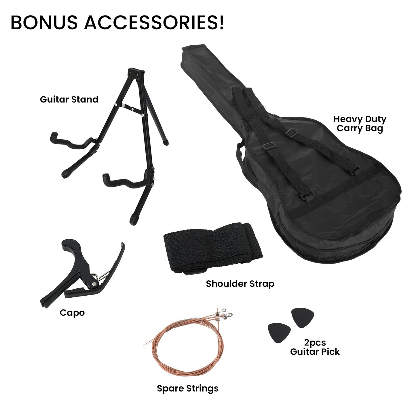Bonus accessories: guitar stand, capo, shoulder strap, spare strings, 2 picks, carry bag.