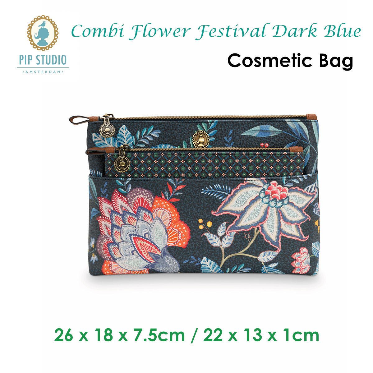 Cosmetic Bag Set | PIP Studio | Combi Flower Festival | Dark Blue - Cosmetic Storage > Cosmetic & Toiletry Bags - Fosmore