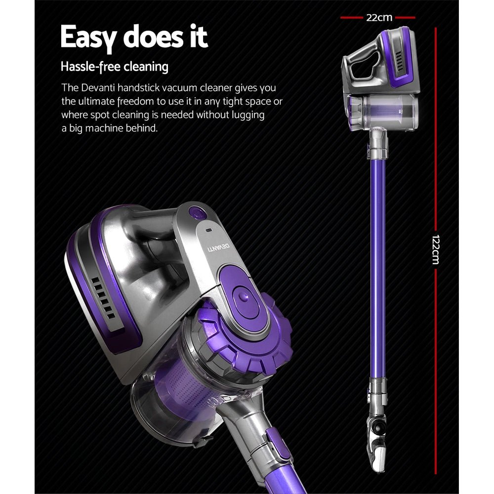 Stick Vacuum | Devanti | Bagless Cordless 150W | Purple - Appliances > Vacuum Cleaners > Stick Vacuums - Fosmore