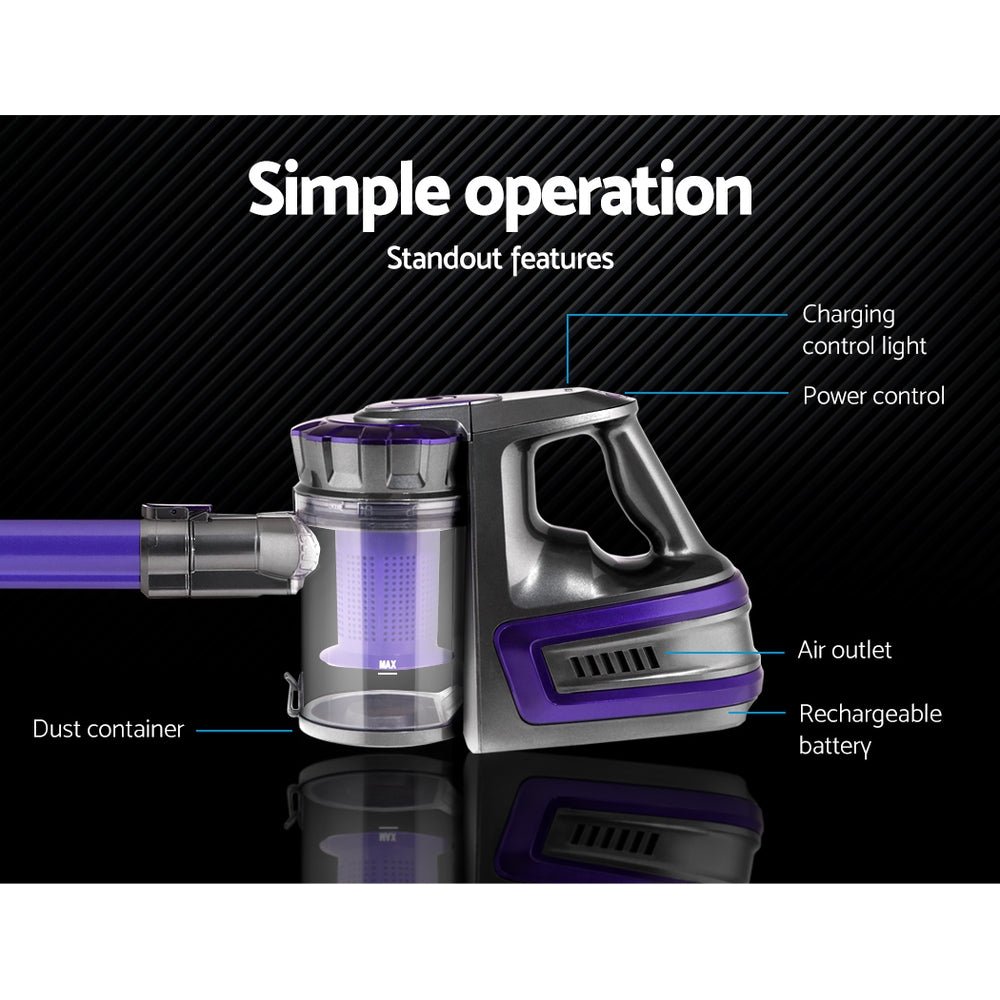 Stick Vacuum | Devanti | Bagless Cordless 150W | Purple - Appliances > Vacuum Cleaners > Stick Vacuums - Fosmore