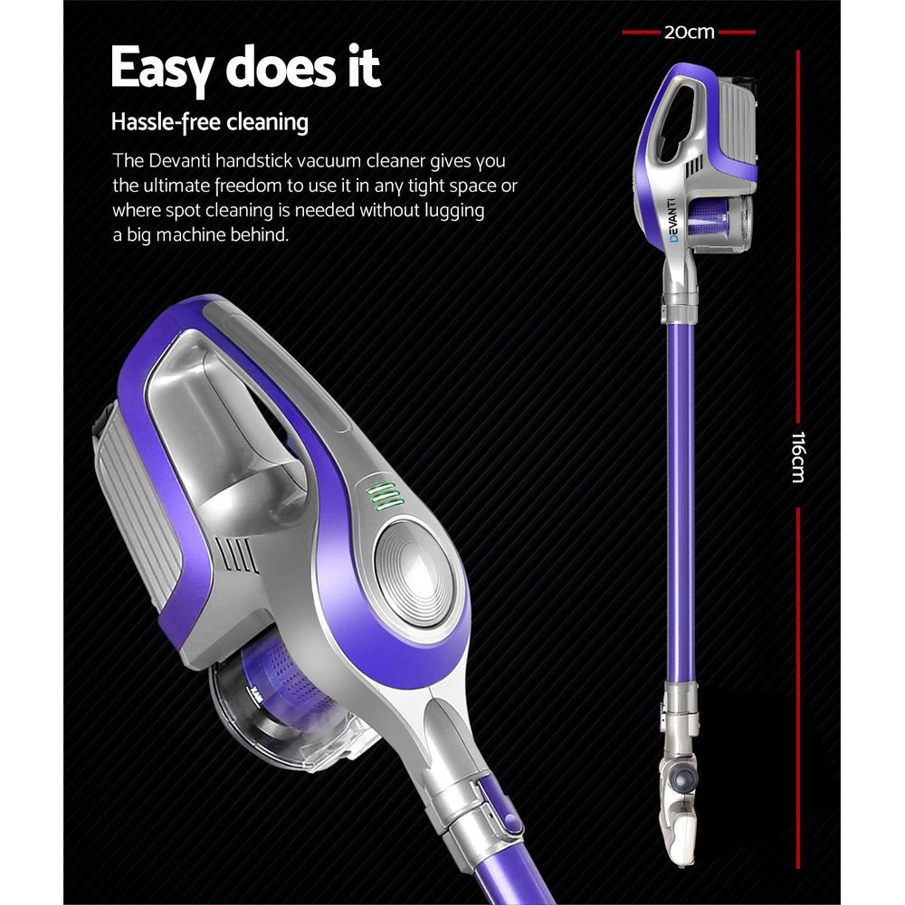 Stick Vacuum | Devanti | Bagless Cordless 150W | Purple & Grey - Appliances > Vacuum Cleaners > Stick Vacuums - Fosmore