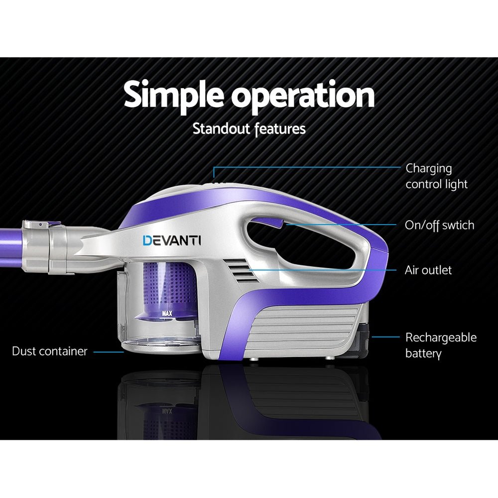 Stick Vacuum | Devanti | Bagless Cordless 150W | Purple & Grey - Appliances > Vacuum Cleaners > Stick Vacuums - Fosmore