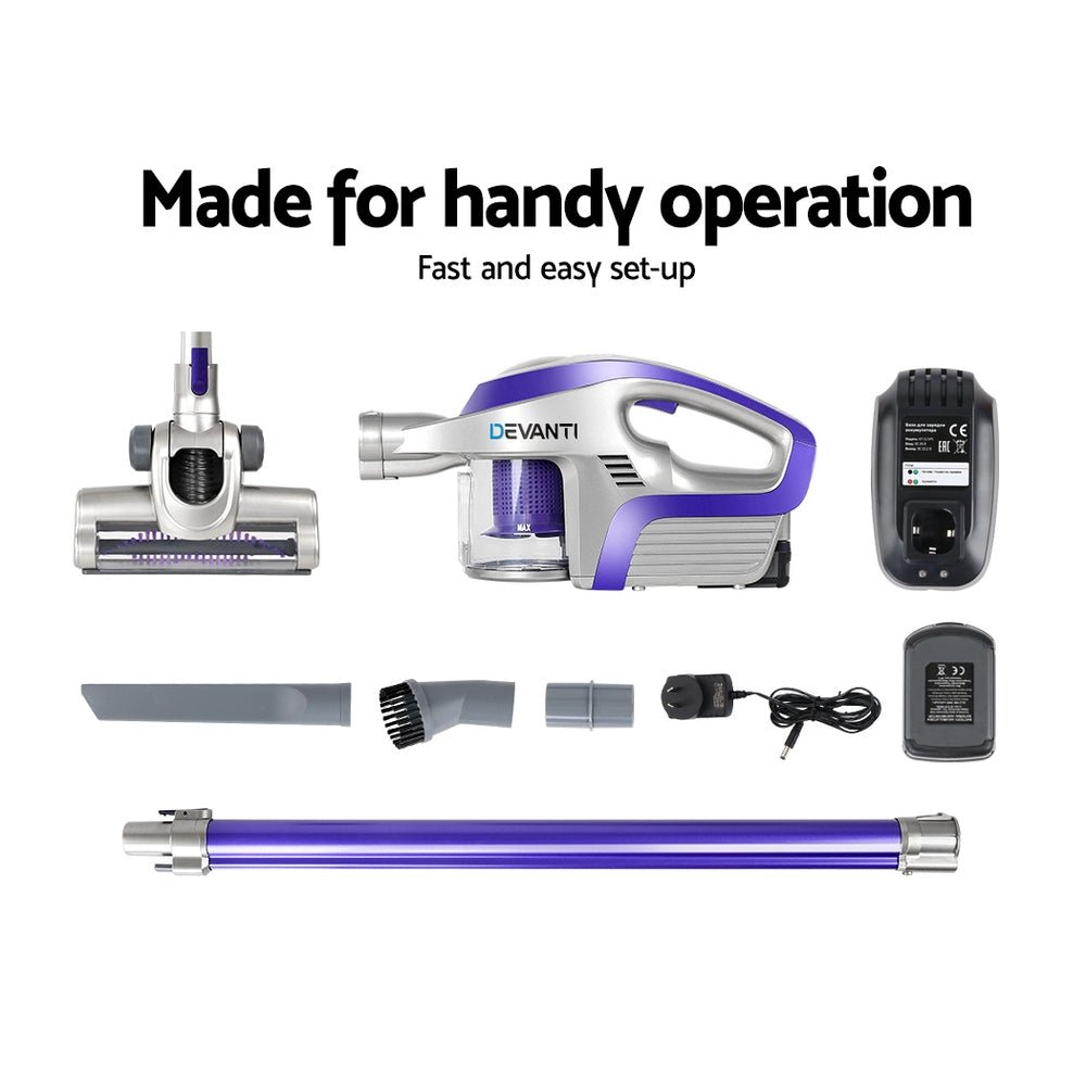 Stick Vacuum | Devanti | Bagless Cordless 150W | Purple & Grey - Appliances > Vacuum Cleaners > Stick Vacuums - Fosmore