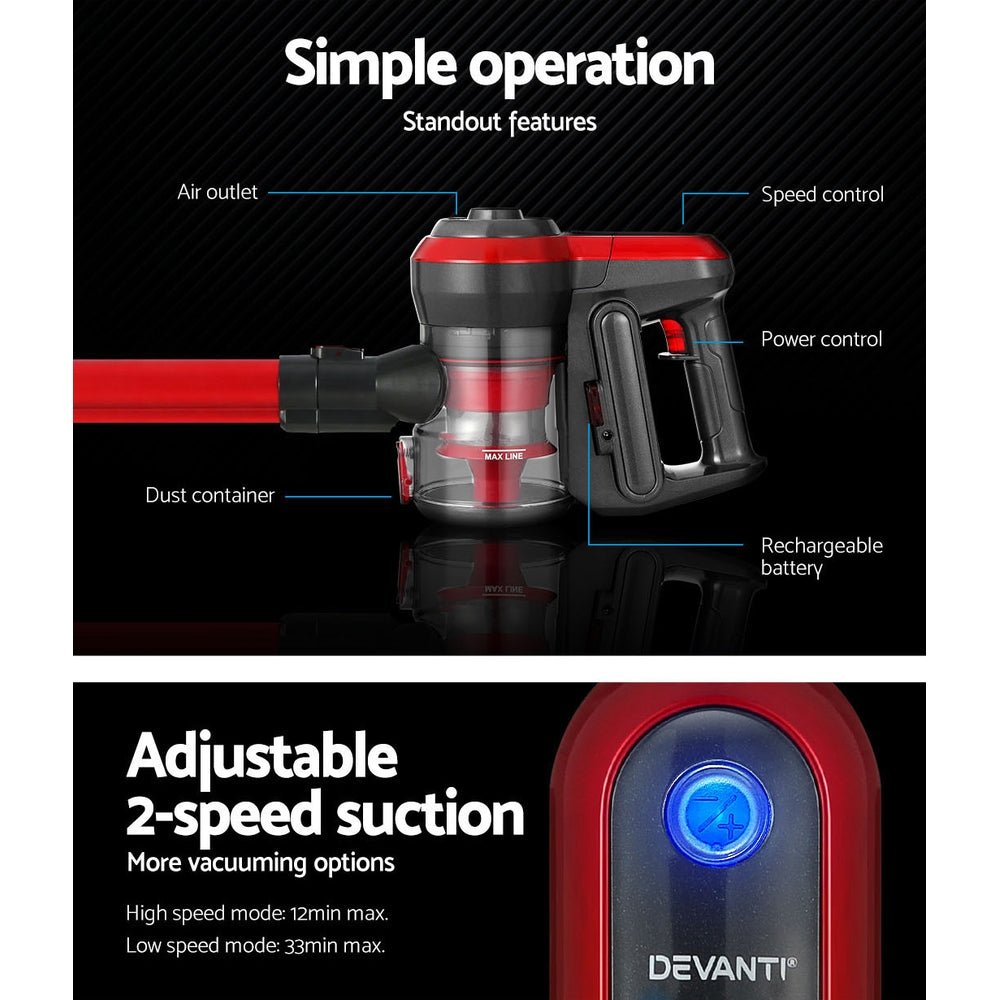 Stick Vacuum | Devanti | Brushless Cordless 250W | Red & Grey - Appliances > Vacuum Cleaners > Stick Vacuums - Fosmore