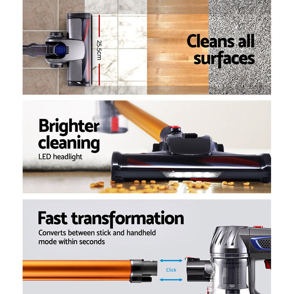 Stick Vacuum | Devanti | Bagless Cordless 150W | Gold - Appliances > Vacuum Cleaners > Stick Vacuums - Fosmore