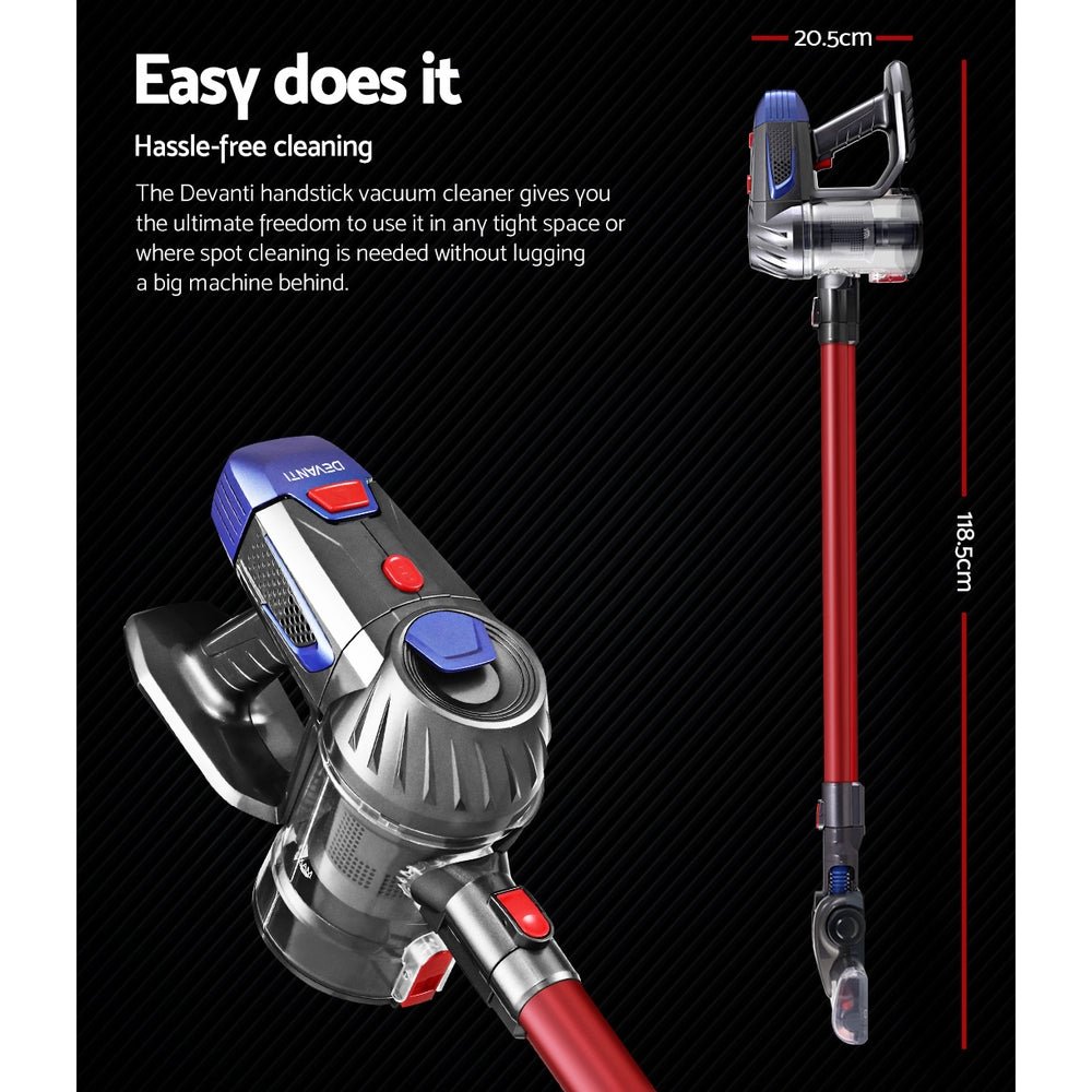 Stick Vacuum | Devanti | Bagless Cordless 150W | Red - Appliances > Vacuum Cleaners > Stick Vacuums - Fosmore