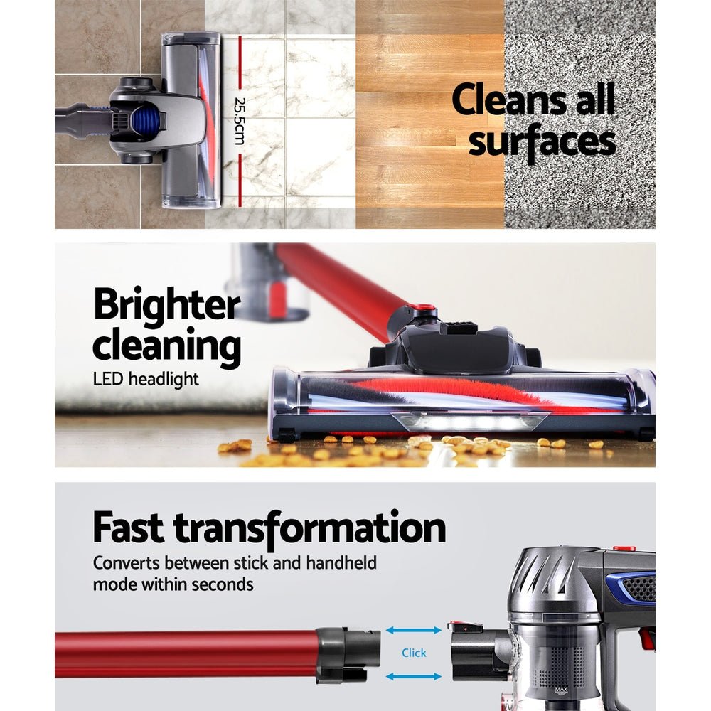 Stick Vacuum | Devanti | Bagless Cordless 150W | Red - Appliances > Vacuum Cleaners > Stick Vacuums - Fosmore