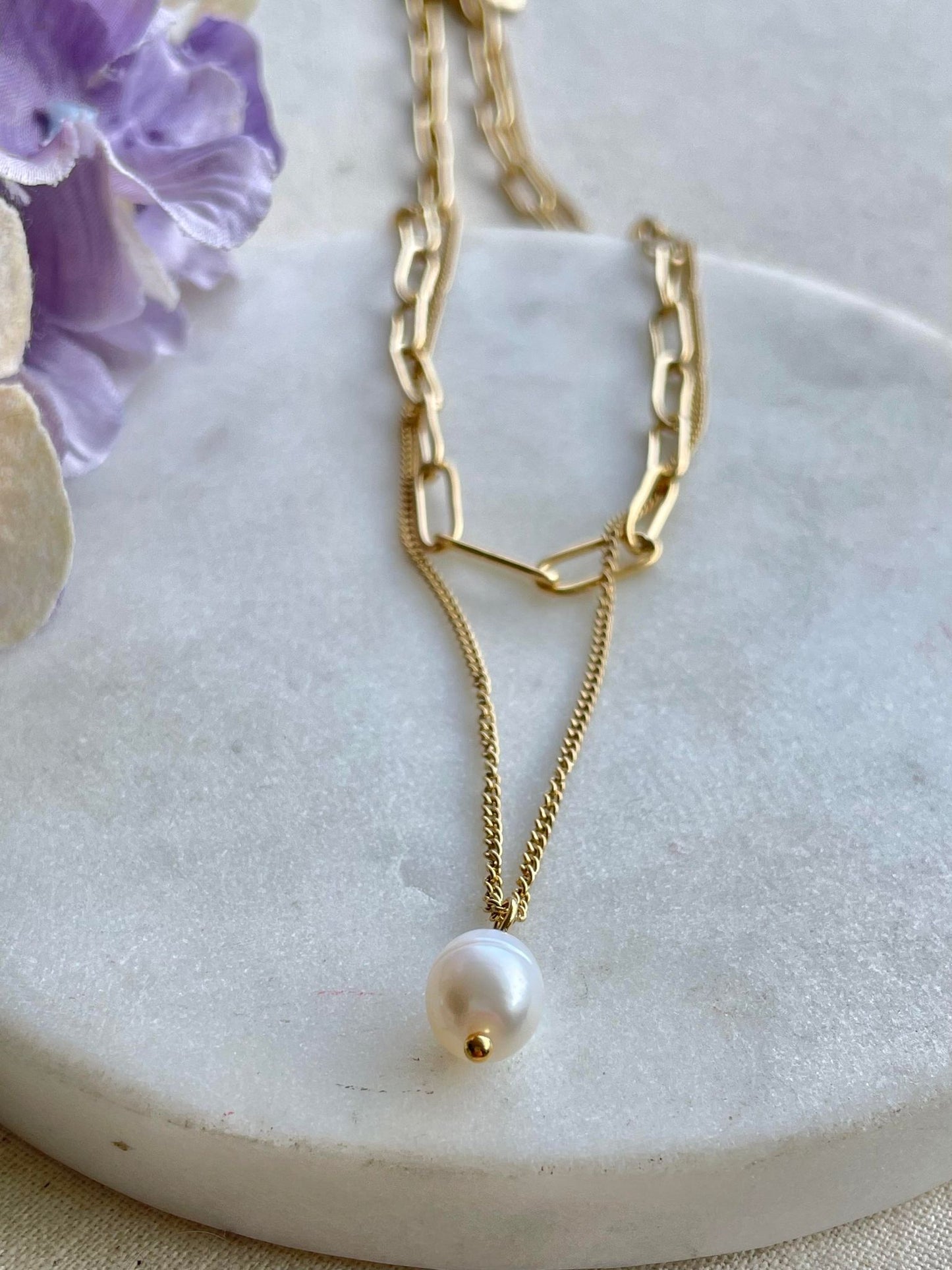 Necklace | Double the gold with a pearl – Tarnish Proof Jewellery