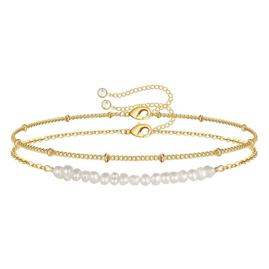 Bracelet | Pearl and plain gold double bracelet – Tarnish Proof Jewellery