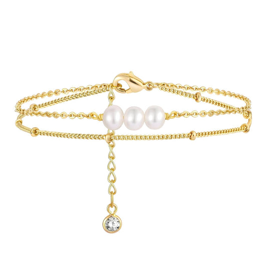 Bracelet | Pearl and gold chain double bracelet – Tarnish Proof Jewellery