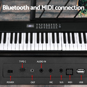 Bluetooth and MIDI connection, power, type-c, out, audio in, mic, sus, midi, usb.