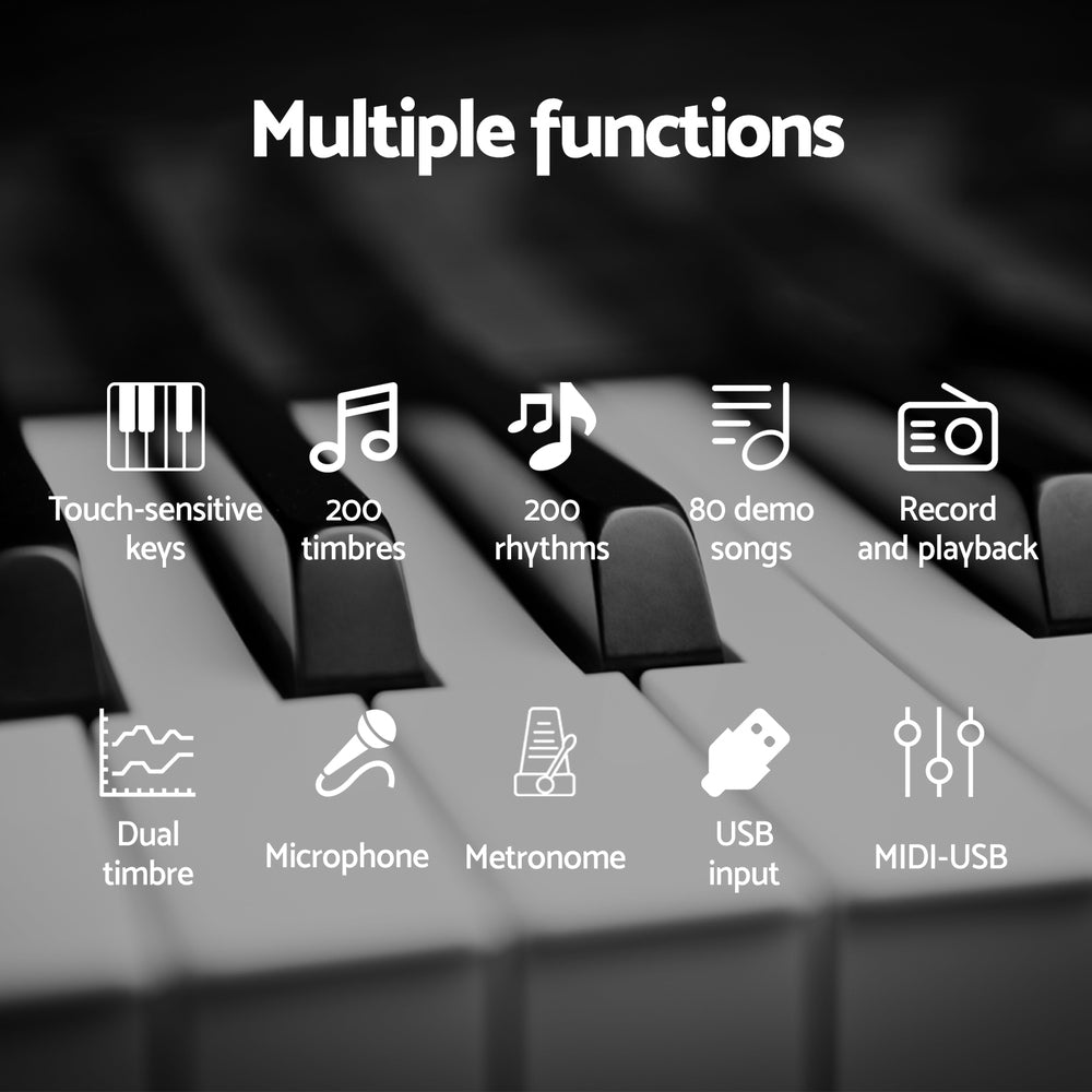 Multiple functions:  touch-sensitive keys, 200 timbres, 200 rhythms, 80 demo songs, record and playback, dual timbre, microphone, metronome, usb input, midi-usb.