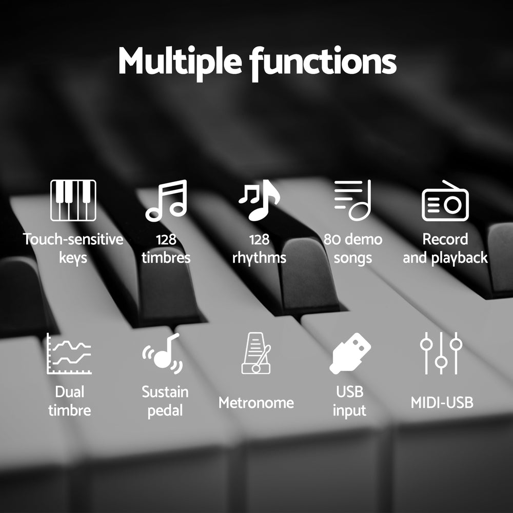 Multiple functions:  touch-sensitive keys, 128 timbres, 128 rhythms, 80 demo songs, record and playback, dual timbre, sustain pedal, metronome, usb input, midi-usb.