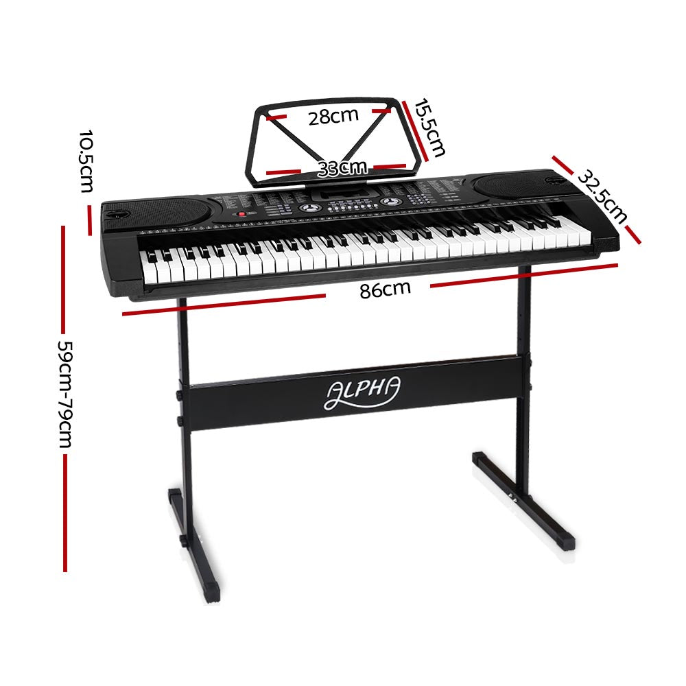 Alpha 61 Keys Electronic Piano Keyboard Digital Electric w/ Stand Beginner Black. Keyboard dimensions 10.5cm x 32.5cm x 86cm. Stand height 59cm - 79cm.