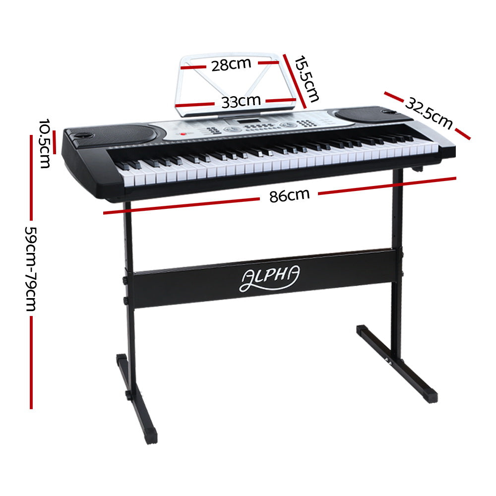 Alpha 61 Keys Electronic Piano Keyboard Digital Electric w/ Stand Beginner Silver. Dimensions 10.5cm x 32.5cm x 86cm. Stand height 59cm - 79cm.