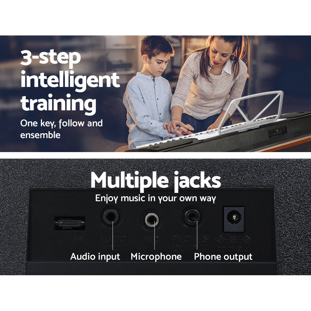 3 step intelligent training, one key, follow and ensemble.  Multiple jacks:  audio input, microphone, phone output.