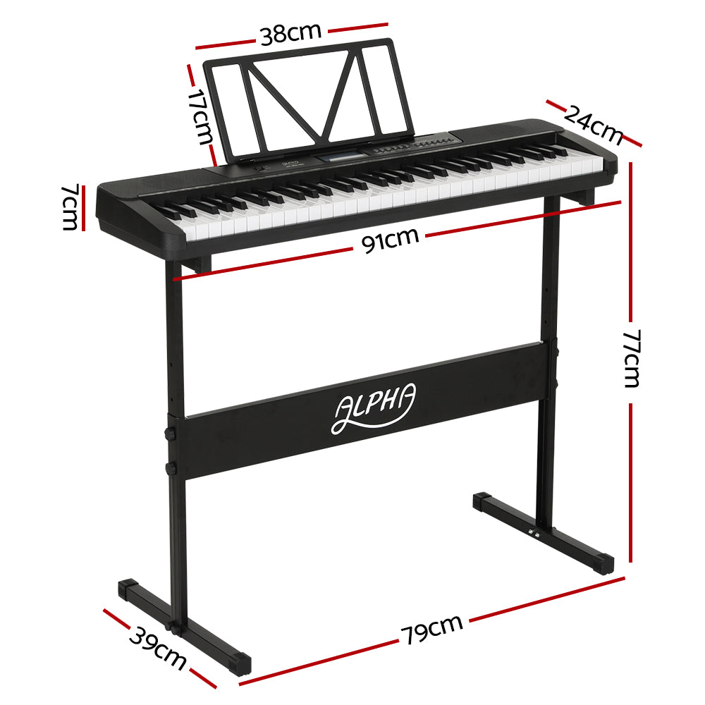 Alpha 61 Keys Electronic Piano Keyboard Digital Electric w/ Stand Touch Sensitive. Dimensions 7cm x 24cm x 91cm. Stand height 77cm.