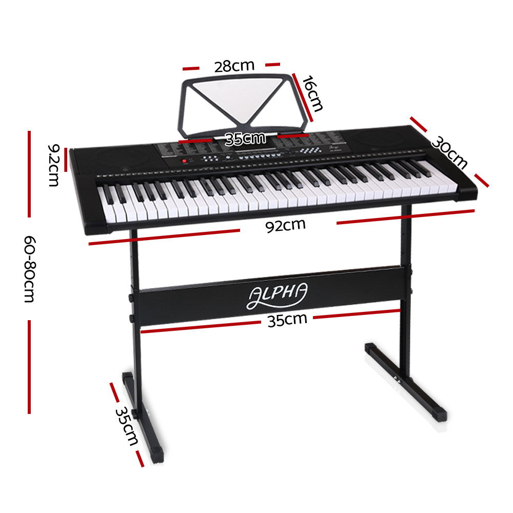 Alpha 61 Keys Electronic Piano Keyboard Digital Electric w/ Stand Sound Speaker. Dimensions 9.2cm x 30cm x 92cm. Stand height 60cm - 80cm.