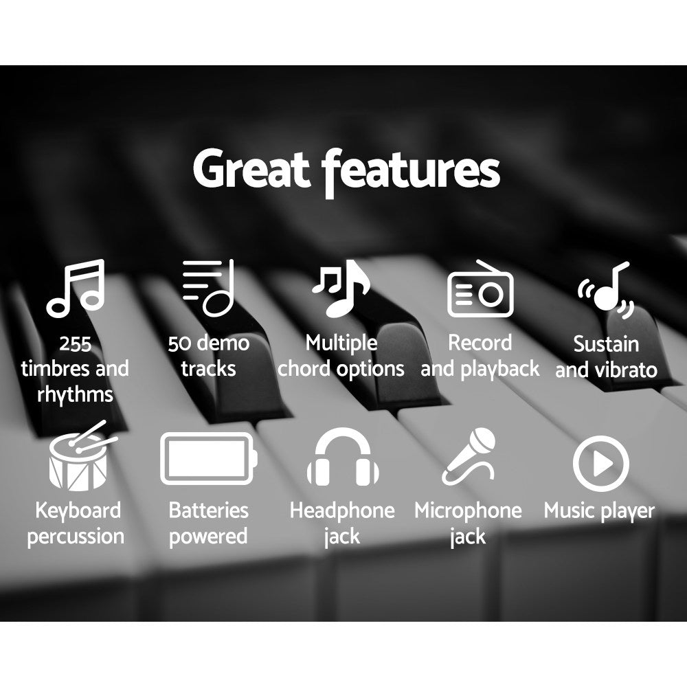 Features:  255 timbres & rhythms, 50 demo tracks, multiple chord options, record & playback, sustain and vibrato, keyboard percussion, batteries powered, headphone jack, microphone jack, music player.
