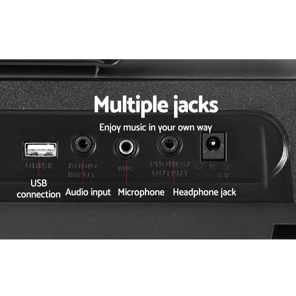 Multiple jacks, usb connection, audio input, microphone, headphone jack.