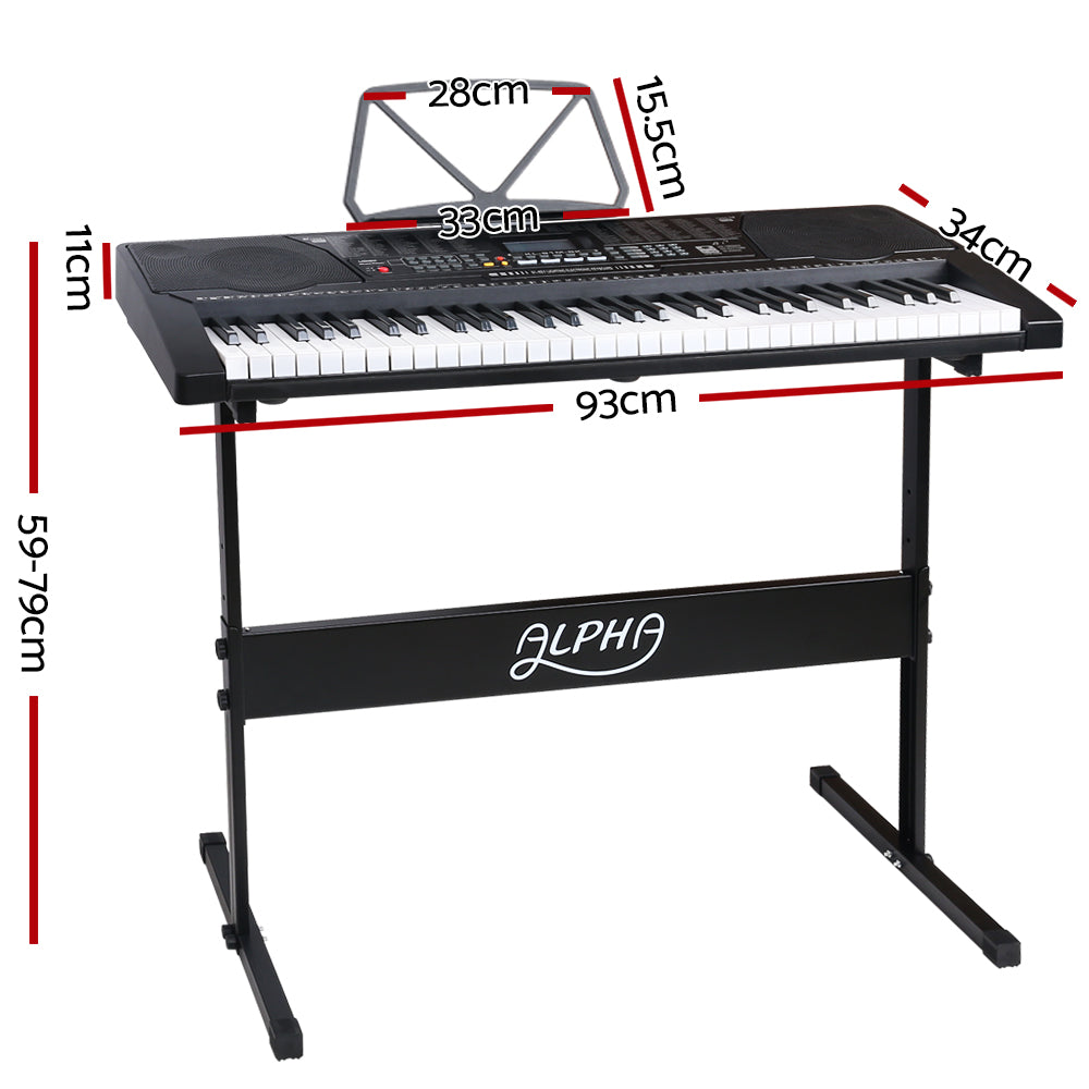 Alpha 61 Keys Electronic Piano Keyboard Digital Electric w/ Stand Lighted Black. Dimensions 11cm x 34cm x 93cm. Stand height 59cm - 79cm.