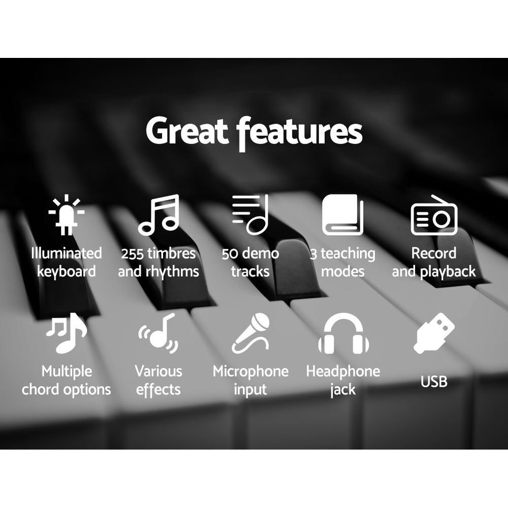 Features:  illuminated keyboard, 255 timbres and rhythms, 50 demo tracks, 3 teaching modes, record & playback, multiple chord options, various effects, microphone input, headphone jack, usb.