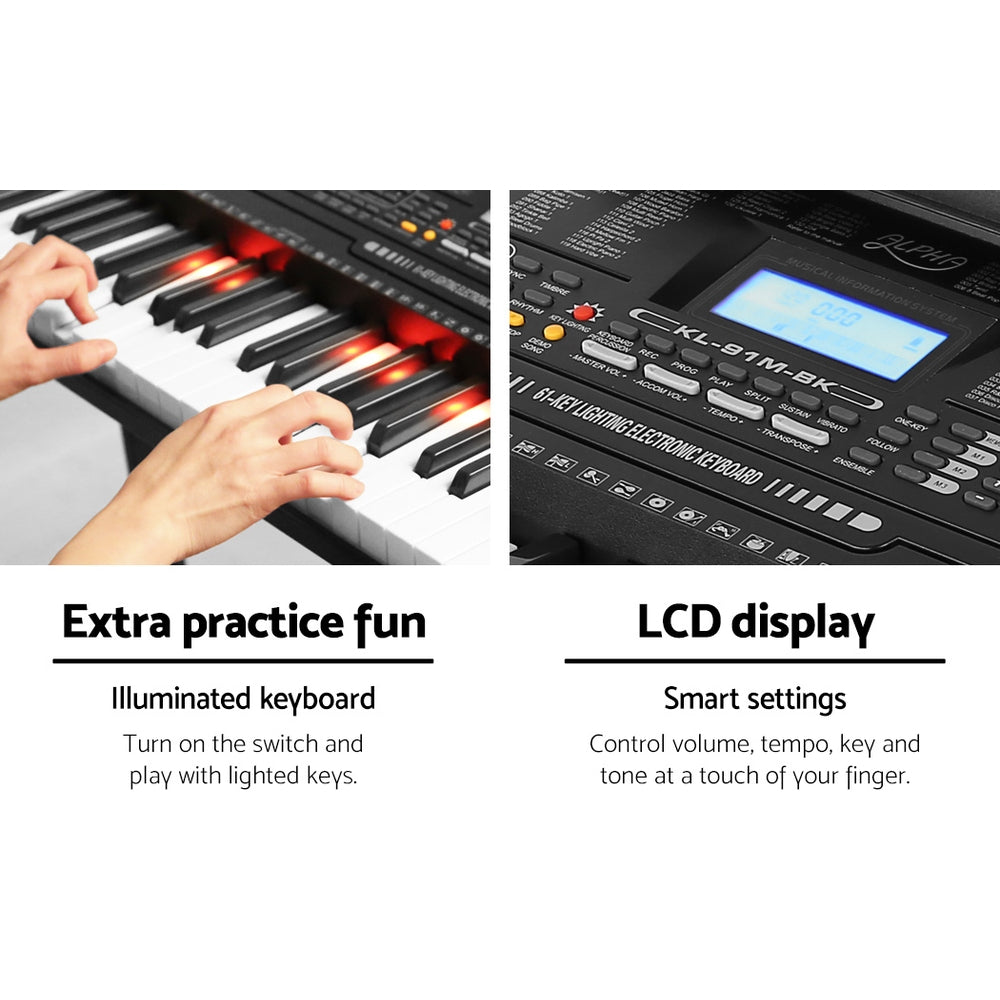 Extra practice fun, illuminated keyboard, LCD display, smart settings.