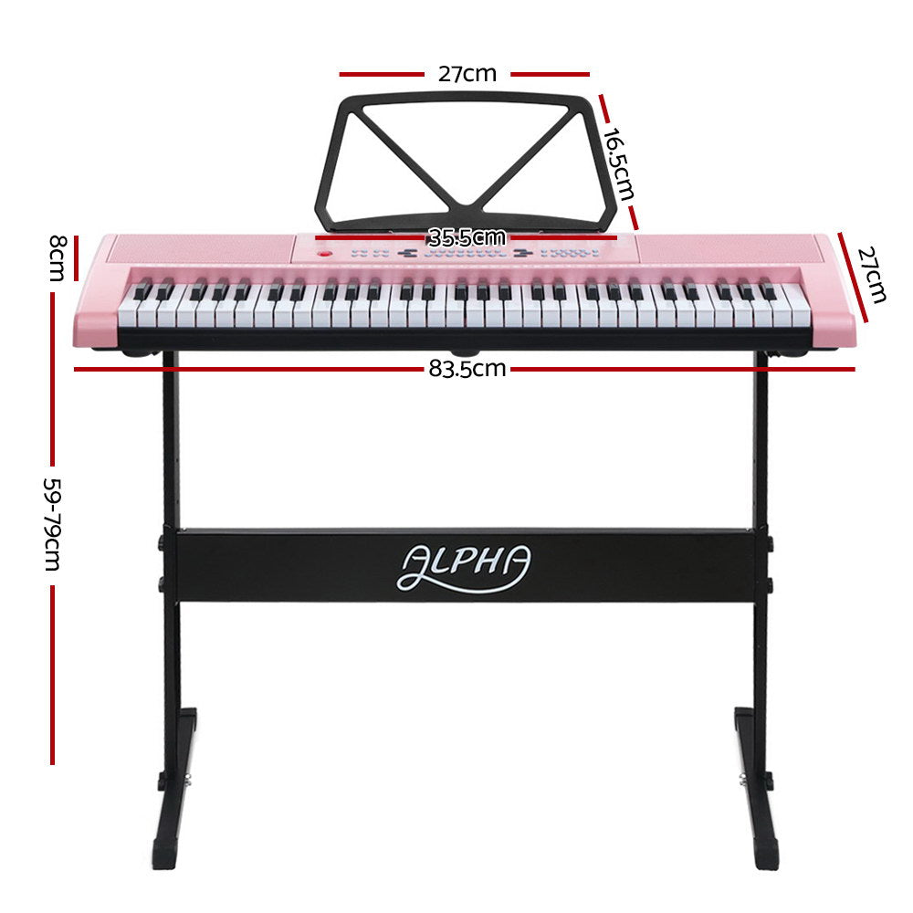 Alpha 61 Keys Electronic Piano Keyboard Digital Electric w/ Stand Lighted Pink.  Keyboard dimensions 8cmx27cmx83.5cm.  Stand height 59-79cm.