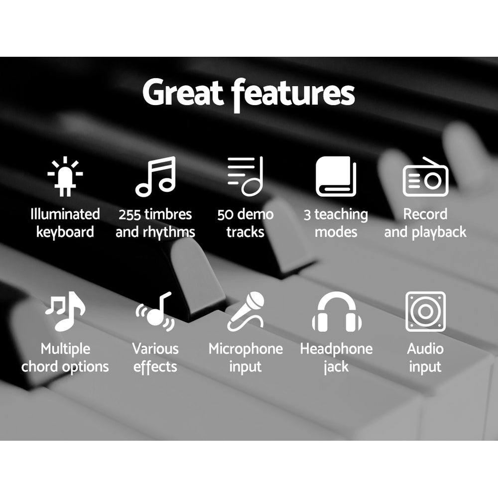 Features:  illuminated keyboard, 255 timbres and rhythms, 50 demo tracks, 3 teaching modes, record and playback, multiple chord options, microphone input, headphone jack, audio input.