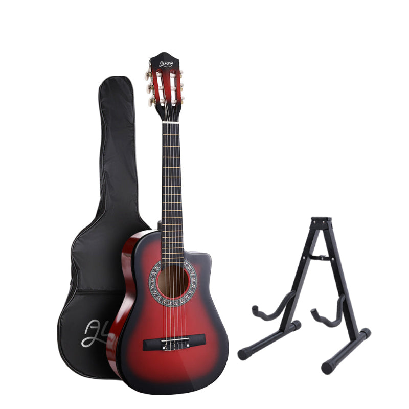 Alpha 34 Inch Classical Guitar Wooden Body Nylon String w/ Stand Beginner Red