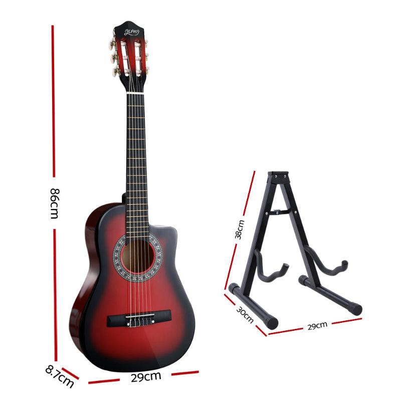 Alpha 34 Inch Classical Guitar Beginner Red. Guitar dimensions 29x8.7x86cm. Stand dimensions 29x30x38cm.