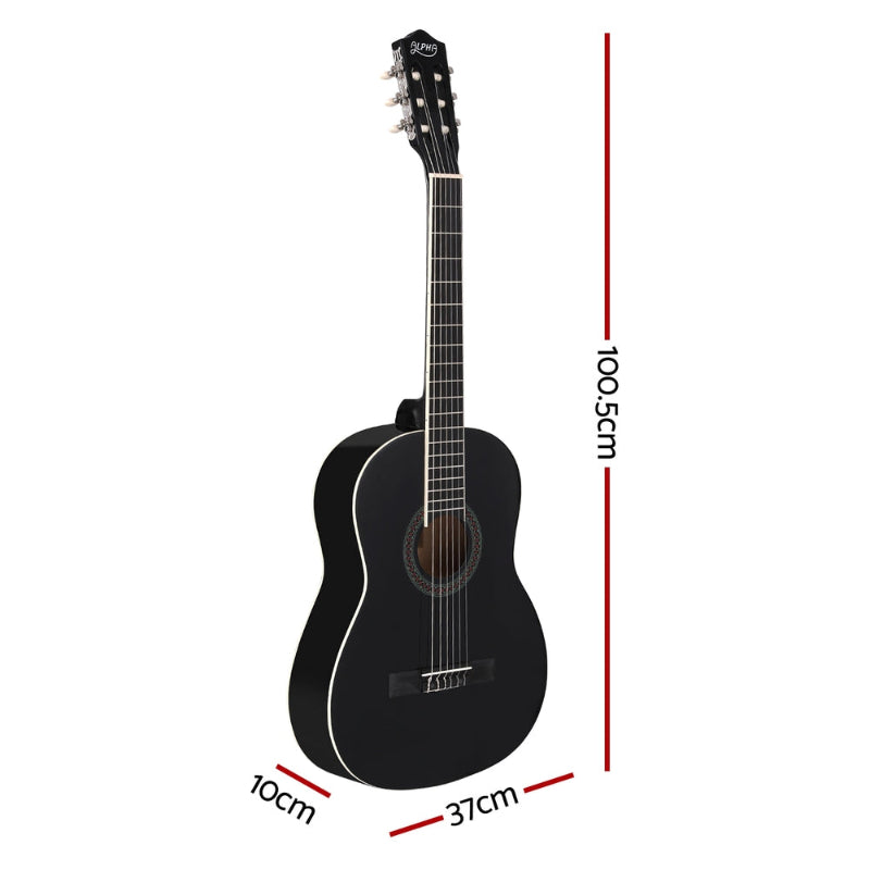 Alpha 39 Inch Classical Guitar Wooden Body Nylon String Beginner Gift Black. Dimensions 10cm x 37cm x 100.5cm.