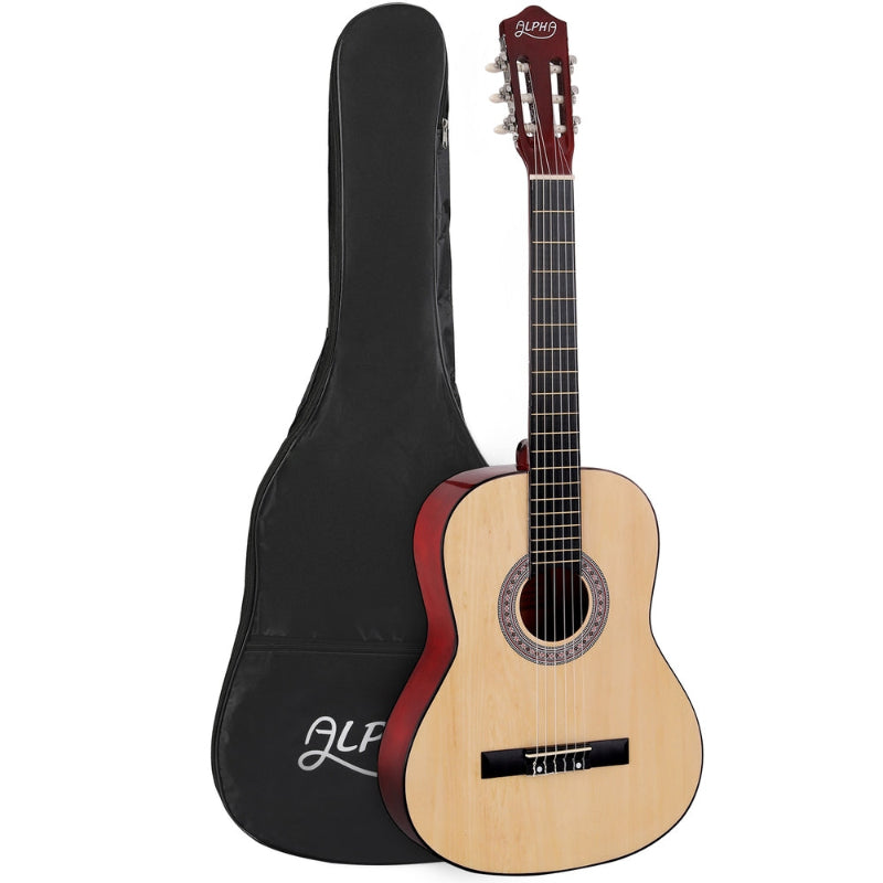 Alpha 39 Inch Classical Guitar Wooden Body Nylon String Beginner Gift Natural with bag.