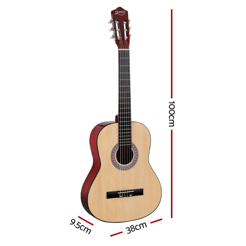 Alpha 39 Inch Classical Guitar Wooden Body Nylon String Beginner Gift Natural. Dimensions 9.5cm x 38cm x 100cm.