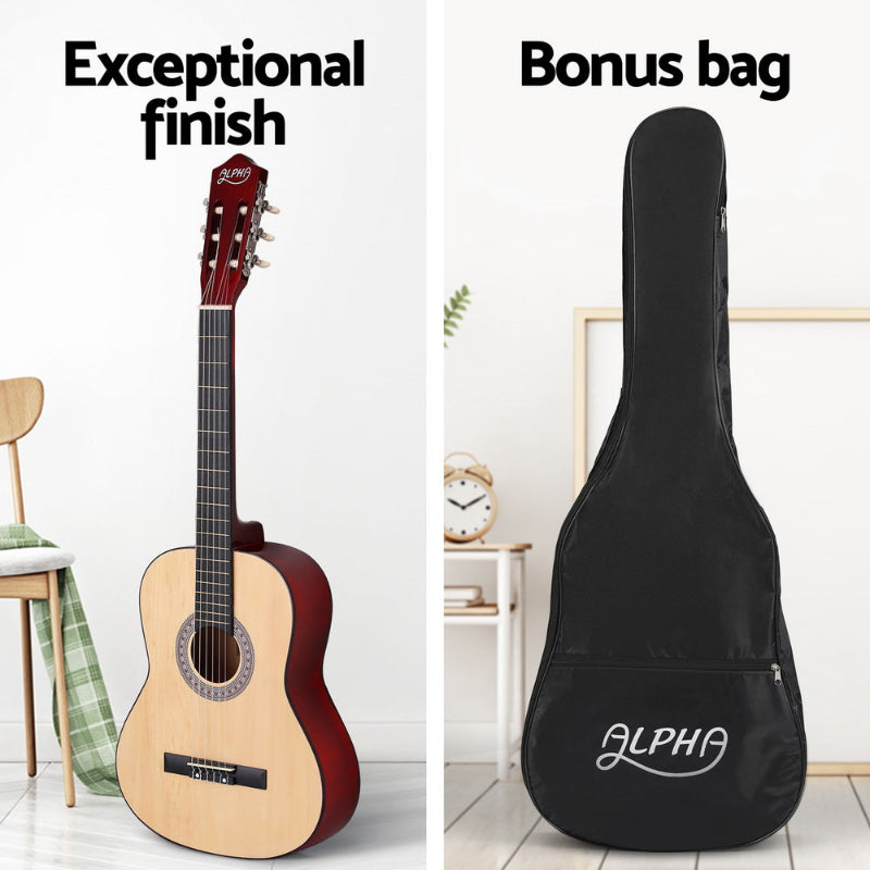 Alpha 39 Inch Classical Guitar Wooden Body Nylon String Beginner Gift Natural. Exceptional finish, bonus bag.