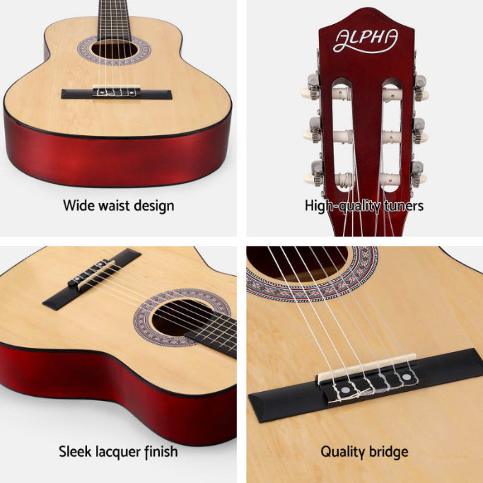 Alpha 39 Inch Classical Guitarl. Wide waist design, high quality tuners, sleek lacquer finish, quality bridge.