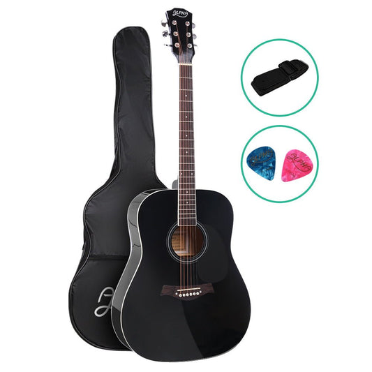 Acoustic Guitar Dreadnought | Alpha 41 Inch | Steel Strings | Black. Bonus shoulder strap & 2 picks.