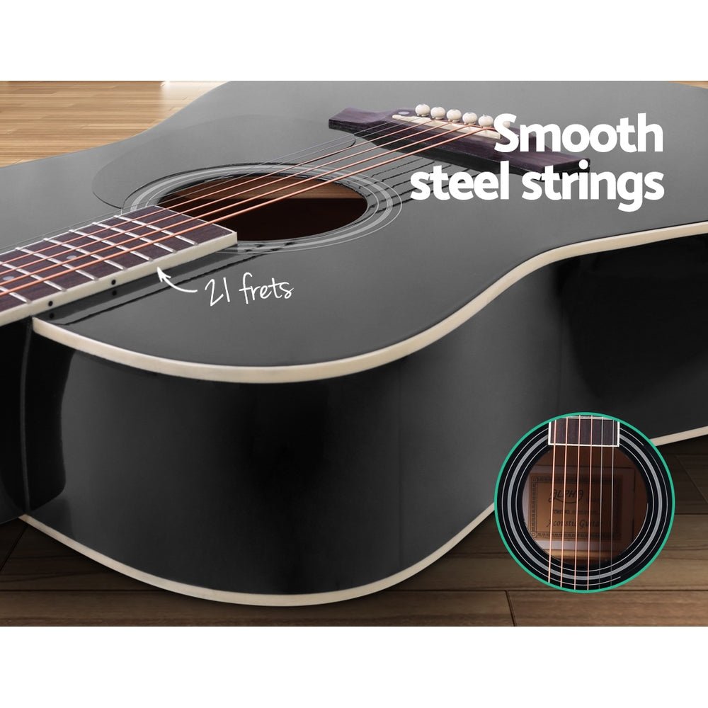 Acoustic Guitar Dreadnought | Alpha 41 Inch | Steel Strings | Black. 21 frets.