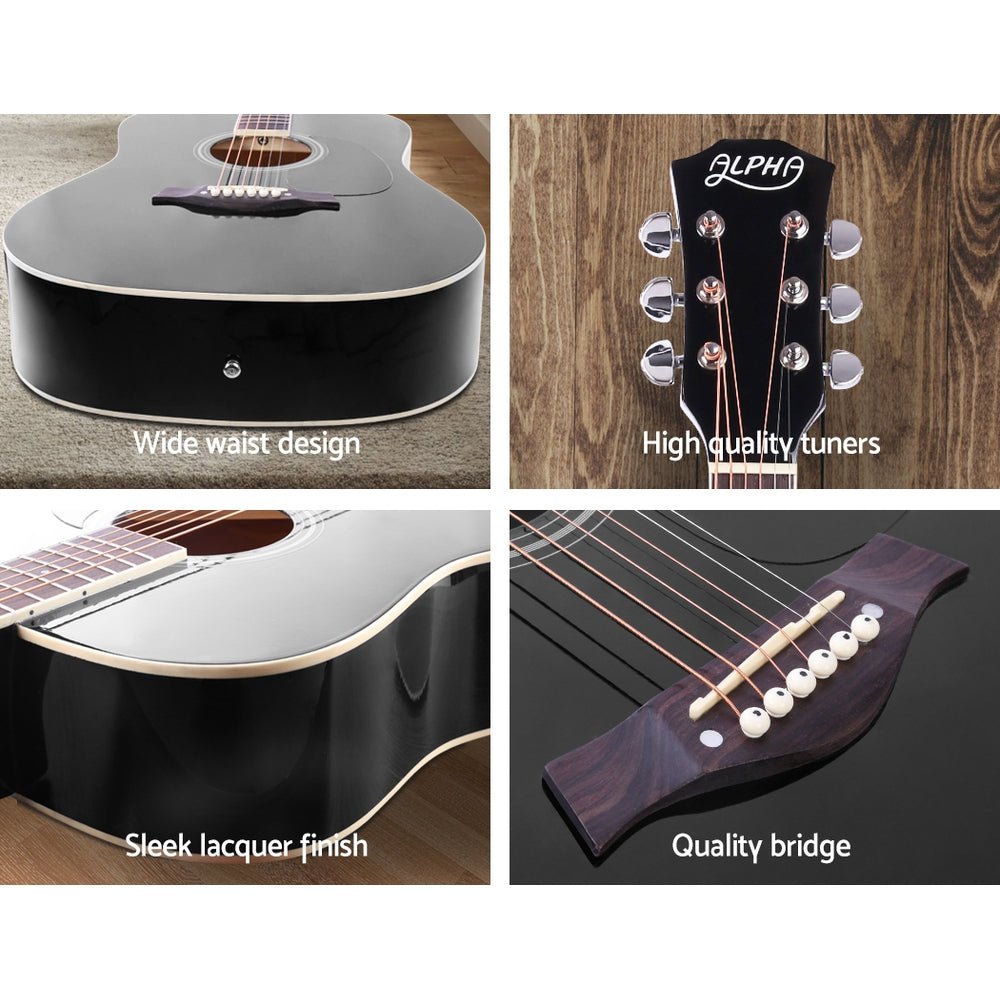 Acoustic Guitar Dreadnought | Alpha 41 Inch | Steel Strings | Black. Quality tuners, sleek lacquer finish, quality bridge.
