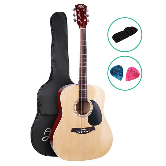 Acoustic Guitar Dreadnought | Alpha 41 Inch | Steel Strings | Natural. Bonus carry bag, shoulder strap & 2 picks.