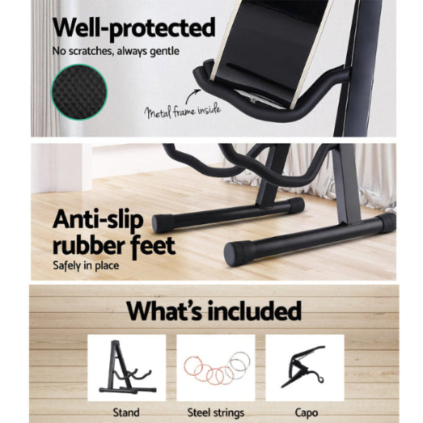 Alpha Guitar Stand Folding.  Well-protected, anti-slip rubber feet.  Includes stand, steel strings, capo.